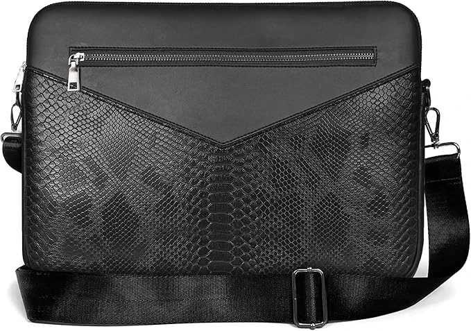 Luxury Cobra faux leather laptop sleeve with zippered front pocket and Debell ad